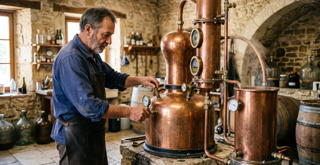 Artisan distiller working on a traditional copper alambic still inside a Provençal distillery