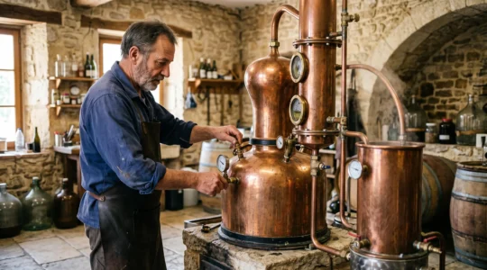 Artisan distiller working on a traditional copper alambic still inside a Provençal distillery