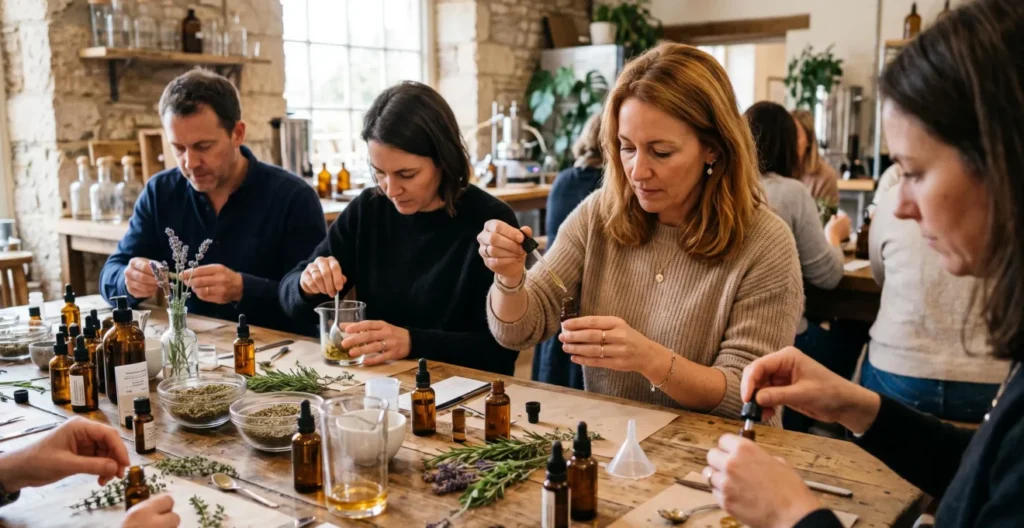 Participants creating aromatic preparations during a hands-on workshop at a Provençal distillery Participants creating aromatic preparations during a hands-on workshop at a Provençal distillery