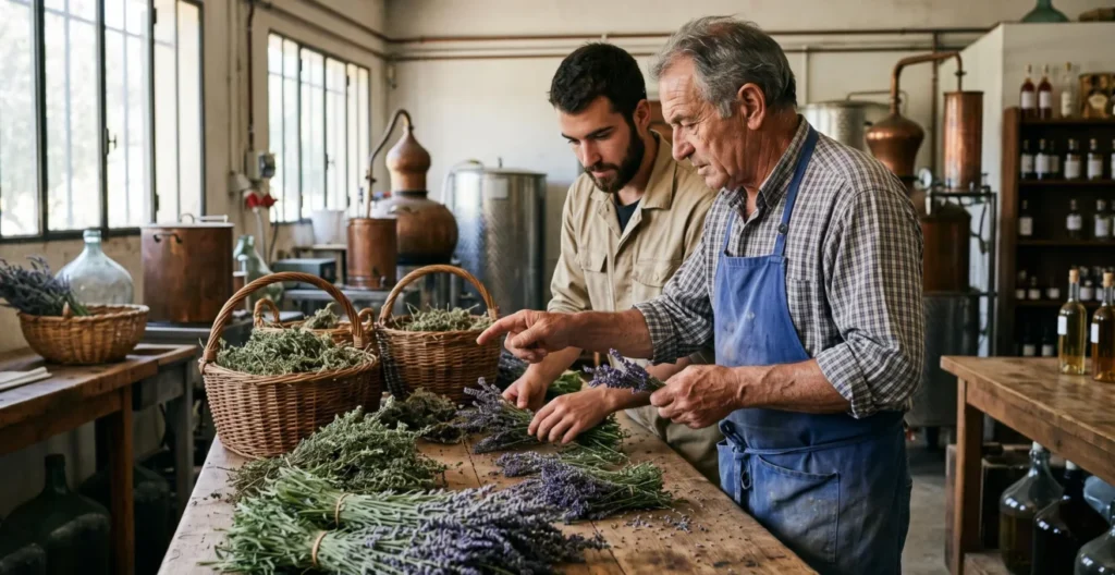 Senior distiller transmitting traditional plant preparation techniques to a younger apprentice in a Provençal distillery Senior distiller transmitting traditional plant preparation techniques to a younger apprentice in a Provençal distillery