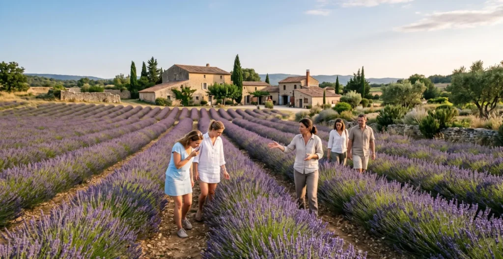 Visitors discovering lavender and aromatic herb fields surrounding a Provençal distillery Visitors discovering lavender and aromatic herb fields surrounding a Provençal distillery